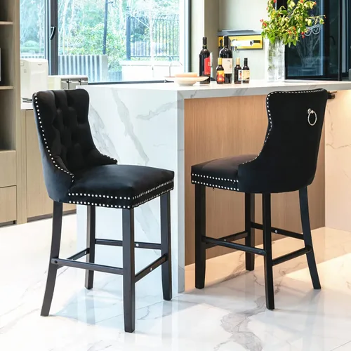 Vista 11 de Juego de 2 Sillas de Comedor, Modernos Taburetes de Bar Tapizados de Terciopelo con Decoración de Botones Capitoné y Patas de Madera, Ribete