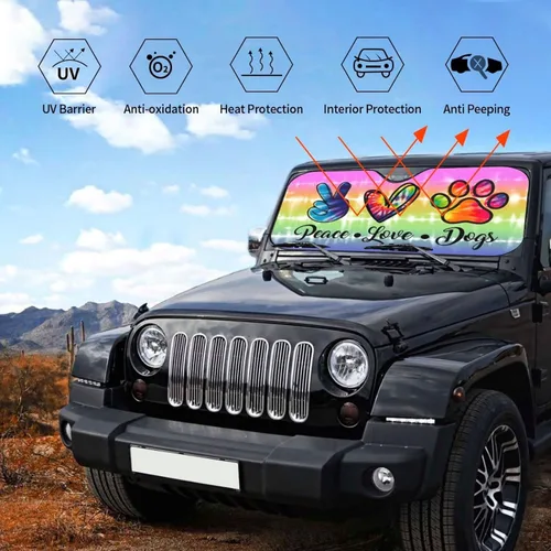 Vista 4 de YETTA YANG - Parasol para parabrisas delantero con diseño de arcoíris, amor, paz, patas de perros, protector plegable para el sol del automóvil