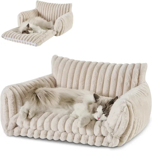 Vista 29 de Hollypet Cama para gatos, mullida, multifuncional, de doble capa, suave para mascotas, sofá ortopédico para gatos y perros pequeños, color beige