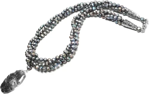 Vista 4 de Collar de triple hebra con perlas cultivadas de cuarzo rutilado grueso facetado