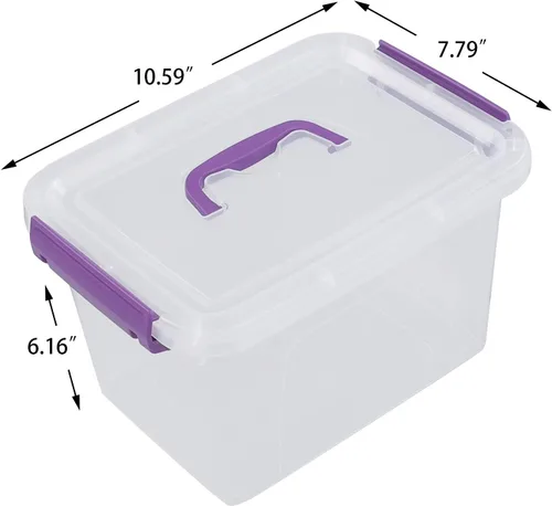 Vista 2 de Contenedor de plástico transparente con tapa, caja de cierre de 6 cuartos de galón con mango morado, 6 paquetes