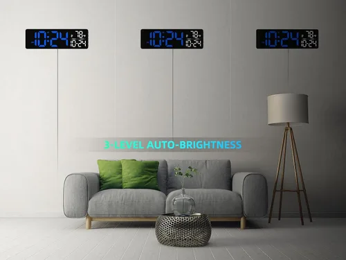 Vista 6 de Reloj de pared LED digital grande con fecha, temperatura, brillo automático, DST automático Gran reloj digital para dormitorio, escritorio, aula