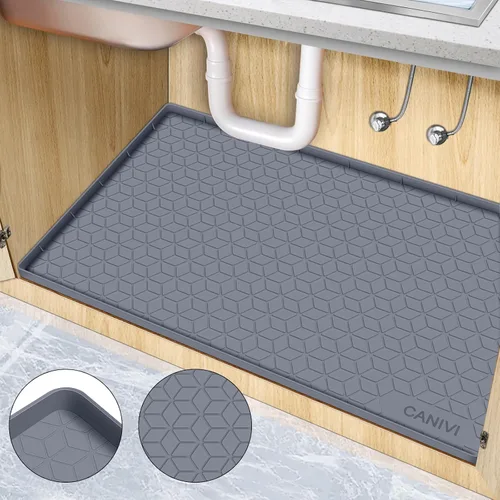 Vista 9 de Tapete para debajo del fregadero, bandeja de silicona impermeable para debajo del fregadero, 28 x 22 pulgadas, para armarios de cocina y lavandería