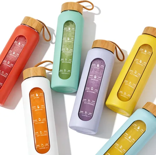 Vista 6 de Sursip Botella de agua de vidrio de 32 onzas, marcador de tiempo con funda y tapa de silicona Botella motivacional de 1 litro sin BPA, a prueba