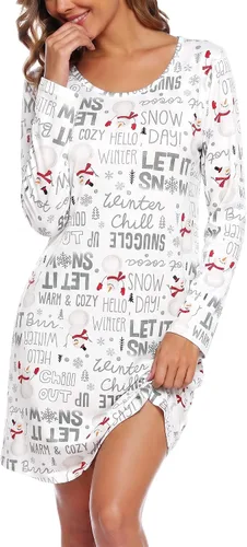 Vista 15 de ENJOYNIGHT Ropa de dormir de algodón para mujer, camisón de manga larga con estampado de camiseta para dormir ABC