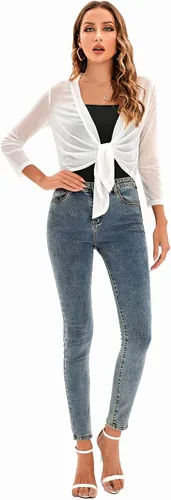 Vista 4 de Cárdigan tipo bolero de manga 34 para mujer, con lazo, ligero, bolero