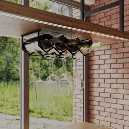Vista 4 de Wallniture Piccola - Estante para vino y soporte para vasos para debajo del gabinete, organizador de cocina con 4 botellas, color negro