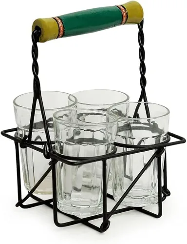 Vista 2 de ExclusiveLane "The Railway Nostalgia" - Vasos de té con soporte de hierro (juego de 4, 4.1 fl oz), vasos Chai de corte con soporte, estilo indio