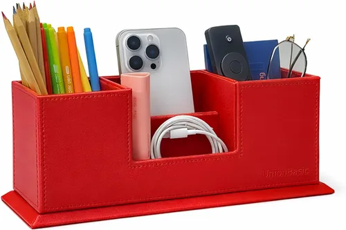 Vista 9 de UnionBasic - Organizador de escritorio de cuero sintético con 4 compartimentos, para tarjetas, bolígrafos, lápices, teléfonos celulares, suministros