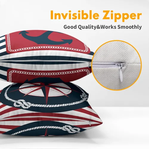 Vista 3 de Fundas de almohada de brújula de ancla, fundas de almohada náuticas para exteriores, fundas de cojín decorativas de rayas azules y blancas, fundas