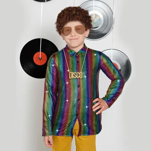 Vista 5 de XLSXEXCL 4 piezas de disfraz de discoteca de los años 70 para niños, con lentejuelas y manga larga, camisa brillante para niños, fiesta de cosplay