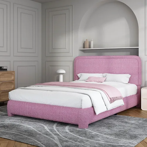 Vista 17 de BarnFurin Base de cama individual con cabecero, cama de plataforma tapizada Cloud Boucle, esquinas redondeadas suaves, no necesita somier, Beige