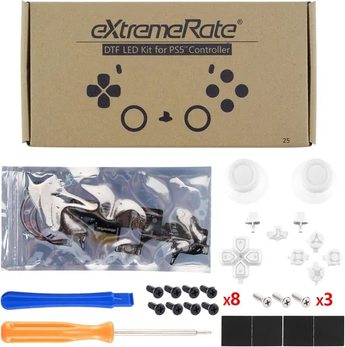 Vista 9 de eXtremeRate Multicolores luminosos Dpad Thumbstick Compartir Home Face Botones para controlador PS5, botones de símbolos clásicos blancos DTF V3 LED