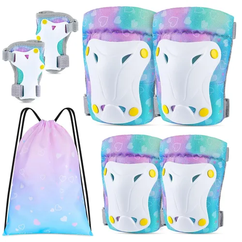 Vista 7 de FIODAY Rodilleras para niños, rodilleras para niños pequeños y coderas, muñequeras con bolsa de cordón, juego de equipo de protección ajustable