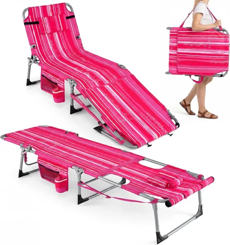 Vista 12 de Giantex Silla bronceadora, silla de playa de 330 libras con 5 posiciones ajustables, agujero para cara y brazo, correa para manos/hombros, almohada