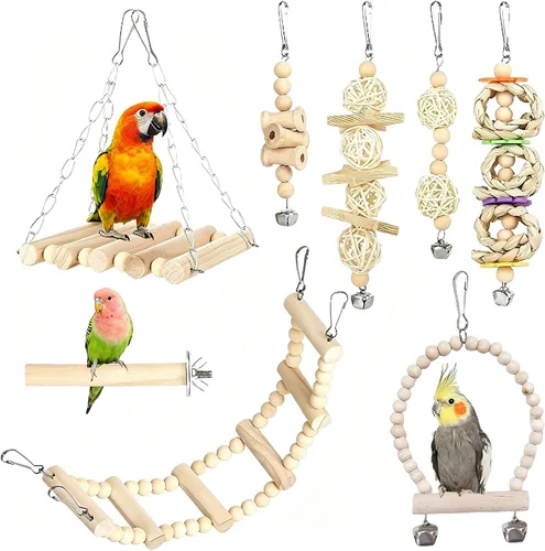 Vista 9 de Juego de juguetes de loros para pájaros, 8 unidades, madera natural, hamaca de perca con campana, accesorios de jaula para pájaros para periquitos