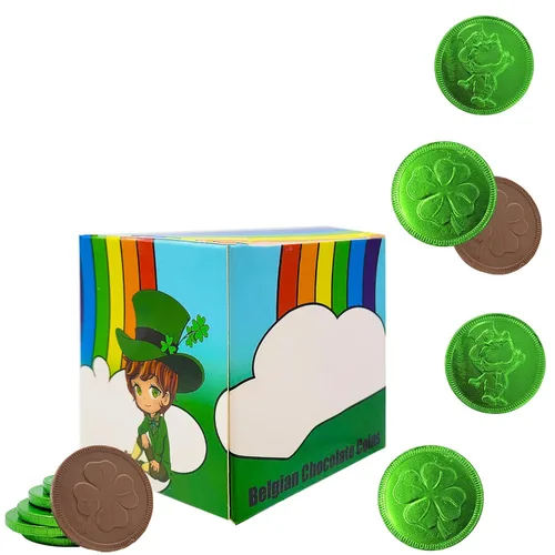 Vista 7 de Monedas de chocolate del día de San Patricio, monedas verdes de la suerte, chocolate con leche belga sin nueces, moneda láctea certificada Kosher