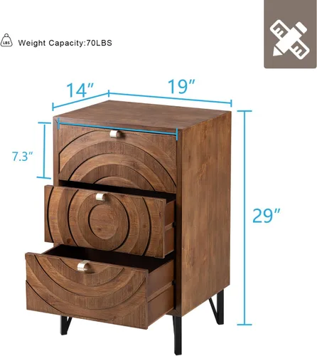 Vista 2 de HOMPUS Cómoda de 3 cajones de mediados de siglo, cómoda moderna con patrón de círculos concéntricos, mesita de noche con 3 cajones