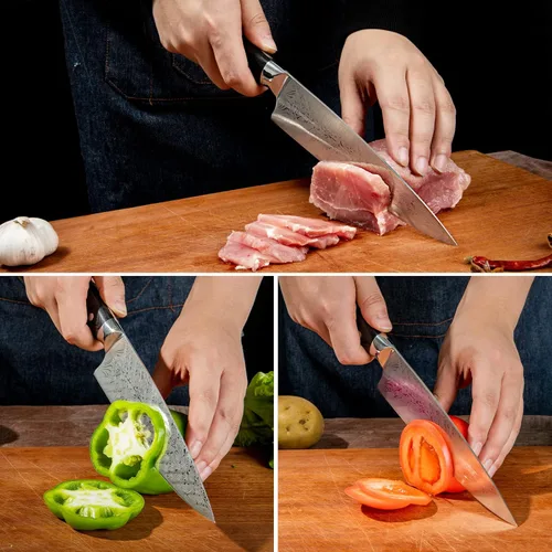 Vista 7 de WAK Cuchillo de chef de 8 pulgadas, patrón de damasco de espiga, cuchillo de cocina de hoja de acero inoxidable súper afilado, cuchillo de chef