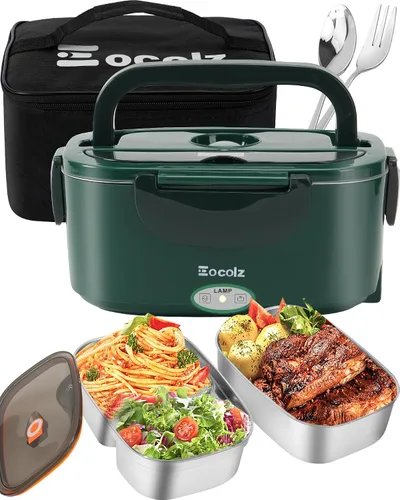 Vista 9 de Eocolz Fiambrera eléctrica calentador de alimentos de 80-100 W, calentador de alimentos con doble contenedor, 1.5L, lonchera portátil calentada