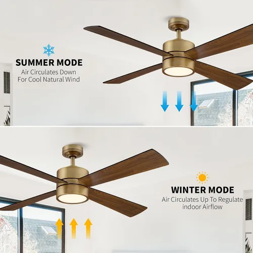 Vista 5 de Parrot Uncle Ventiladores de techo de 52 pulgadas con luces y control remoto, ventilador de techo dorado con luz de perfil bajo para dormitorio, LED