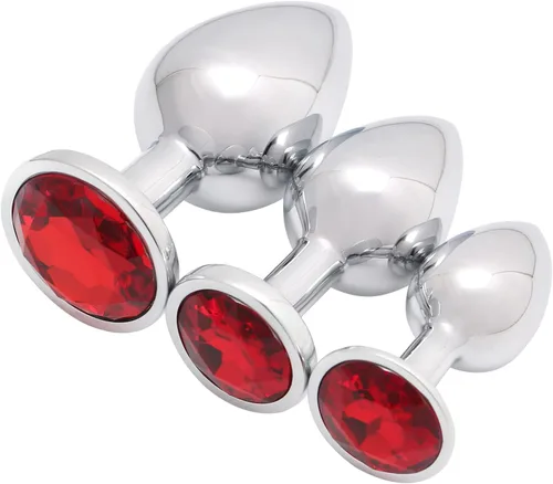 Vista 9 de AKStore 3 tapones anales fetiches de acero inoxidable con diseño de joyas lujosas para fantasías sexuales de bondage, tamaños grande, mediano y Negro