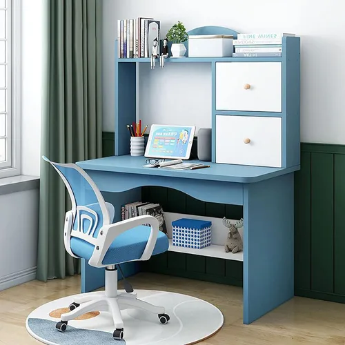 Vista 11 de QQXX Juego de escritorio y silla de altura ajustable, mesa de estudio de madera con gabinete y cajón de almacenamiento, mesa de escritorio de Azul A