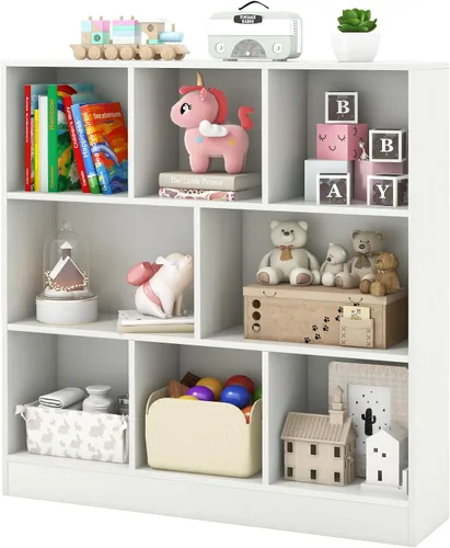 Vista 9 de HONEY JOY Organizador de almacenamiento de juguetes para niños, gabinete de almacenamiento de madera de 7 secciones, baúl de juguetes de guardería