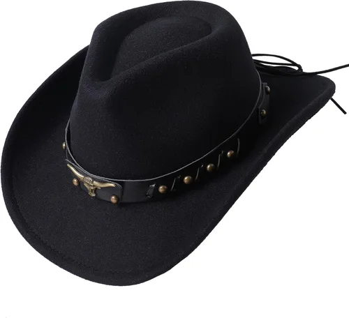 Vista 10 de Jastore Sombrero de vaquero occidental para niños y niñas, clásico vaquero con cinturón de hebilla Beige