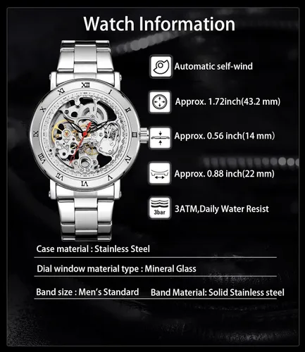 Vista 5 de Sweetbless Reloj de pulsera mecánico hombres tallado esqueleto auto viento relojes transparente, plateado, Classic