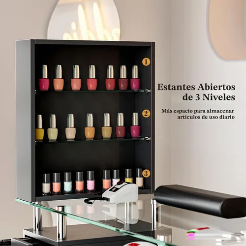 Vista 6 de Mesa de manicura con parte superior de vidrio para tecnología de uñas, estación de escritorio resistente a acetona con cajones de almacenamiento