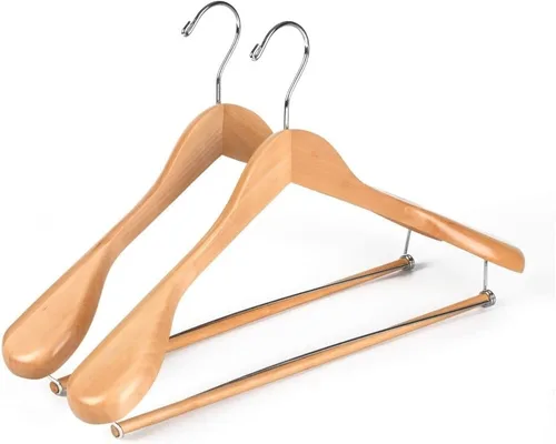 Vista 8 de Perchas de madera de lujo con hombros anchos, paquete de 2 unidades, con barra de bloqueo, acabado natural liso de madera para armario, soporta