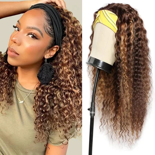 Vista 42 de Peluca de cabello humano con diadema de ondas profundas, sin pegamento, pelucas de cabello rizado sin encaje frontal, pelucas de cabello humano