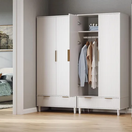 Vista 8 de VINGLI Armario Ropero Estriado con Puertas y Cajones, Gabinete Armario Blanco con Barra para Colgar, Armario de Madera para Dormitorio, Armario