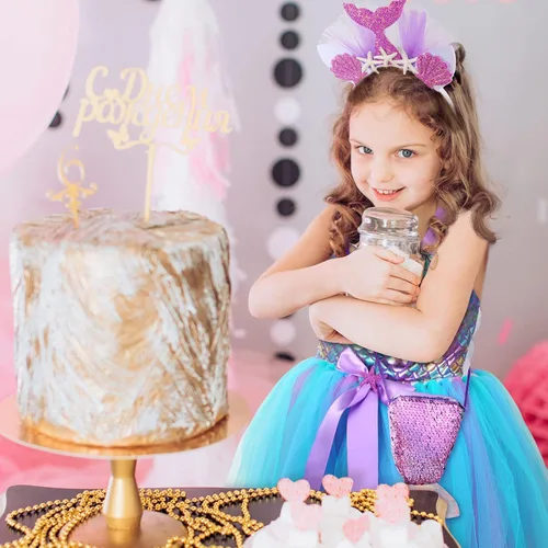 Vista 3 de Mepase Vestido tutú de sirena para niñas pequeñas con diadema, disfraz de sirena, falda tutú con bolsa de lentejuelas moradas para fiesta