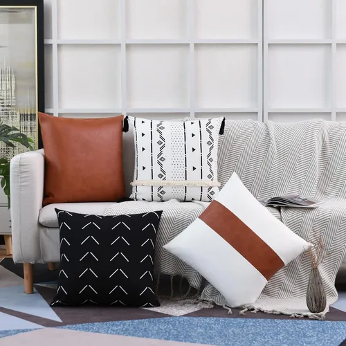 Vista 4 de Tosewever Juego de 4 fundas de almohada geométricas bohemias de 18 x 18 pulgadas, fundas de almohada de algodón de piel sintética a rayas modernas