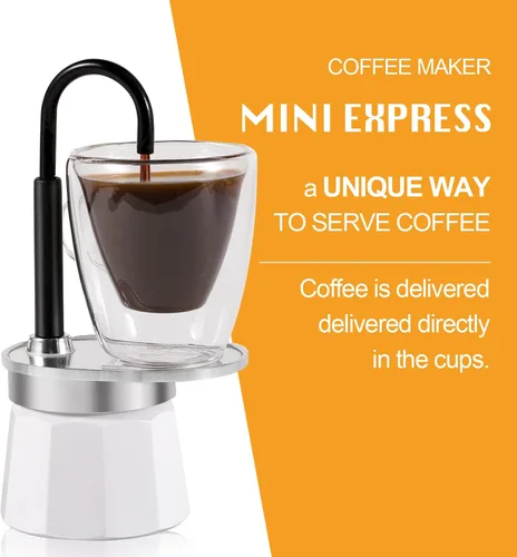 Vista 3 de Mini Express Swiss Single Tube Moka Pot Aluminio Marfil Blanco, El juego Moka incluye una taza de doble pared de 3 onzas, disfruta de un delicioso