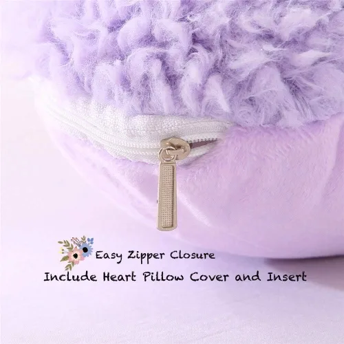 Vista 3 de MOOWOO - Almohada de corazón morado, almohada mullida de corazón con funda de almohada e relleno, piel sintética suave, diseño decorativo