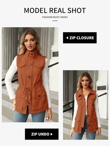 Vista 2 de Koodred - Chaleco militar casual para mujer, ligero, sin mangas, con cordón, con bolsillos
