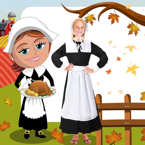 Vista 5 de Conjunto de disfraz de peregrina para niñas, vestido colonial de peregrina, disfraz de peregrina para Halloween, disfraces de cosplay para niños