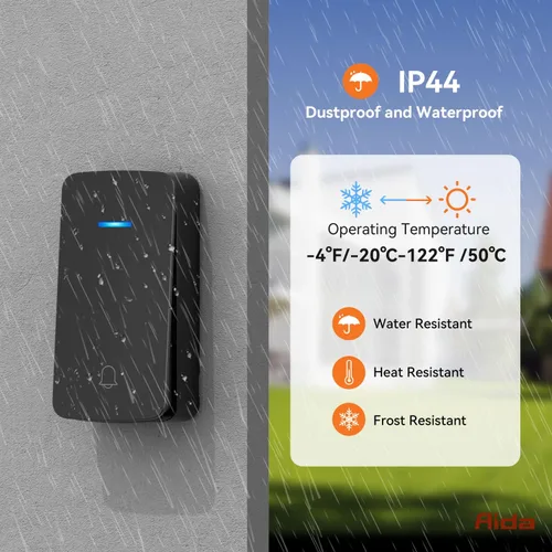 Vista 5 de AIDA - Timbre inalámbrico, timbre autoalimentado con tomacorriente adicional, botón de presión sin necesidad de batería, timbre de puerta Negro