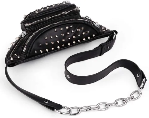 Vista 5 de UTO Fanny-Pack-for-Women's - Riñonera vegana de cuero con remaches tachuelas, ligera, con cremallera, bolsillo al hombro, 0879 Negro