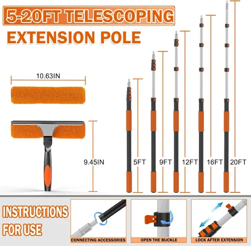 Vista 5 de Buyplus Kit de limpieza de ventanas de alto alcance de 26 pies con poste de extensión de 5 a 20 pies, limpiador de ventanas extensible, kit