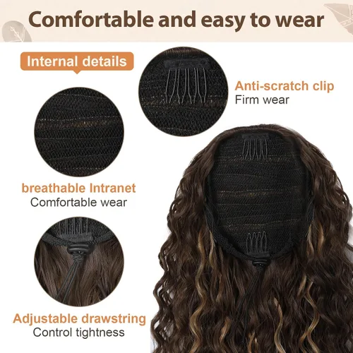 Vista 3 de Flufymooz Extensión de cola de caballo, 22 pulgadas, estilo bohemio, con cordón, extensiones de cabello para mujer, cola de caballo larga, rizada