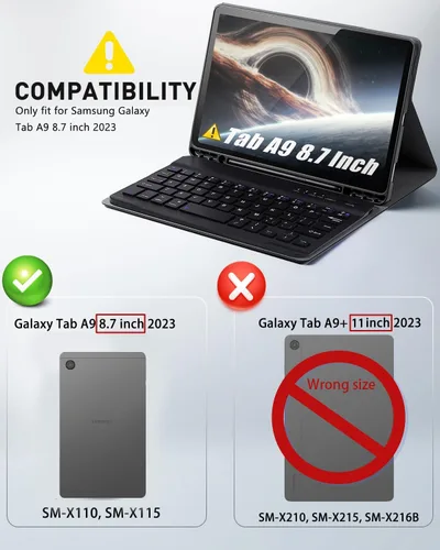 Vista 2 de TUNKARMOR Funda para teclado para Tab A9 de 8.7 pulgadas (2023) - Funda delgada con teclado desmontable y ratón con soporte para bolígrafo, función