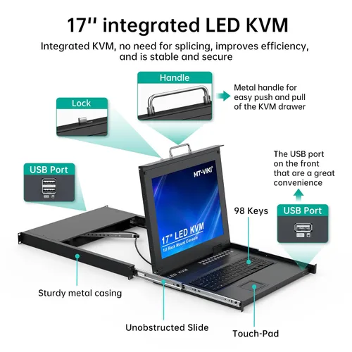Vista 2 de MT-VIKI Conmutador KVM para rack con monitor LCD de 17 pulgadas, conmutador KVM VGA de 16 puertos con monitor táctil de teclado, apto para rack