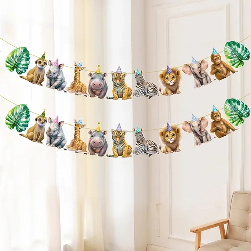 Vista 7 de Pancarta de animales de safari, 2 unidades, banderines recortados para fiesta de selva, carteles colgantes con temática de safari, decoraciones