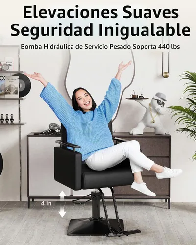 Vista 4 de Silla de salón profesional Baasha completamente negra, silla de estilo hidráulica de lujo con cuero PU suave, cojín de espuma de alta densidad, giro