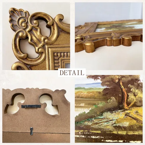 Vista 4 de XIAOAIKA Arte de pared de paisaje de granero blanco acabado a mano, impresión de escena de granja vintage con marco barroco dorado envejecido