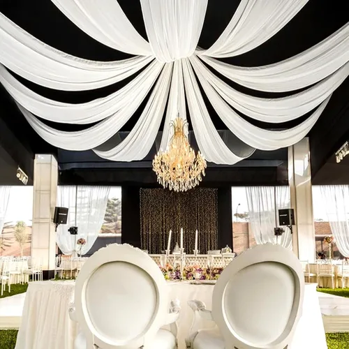 Vista 15 de 6 paneles de cortinas de techo azul bebé para boda, cortinas de techo de 5 pies x 10 pies, tela de drapeado para arco de boda, cortinas